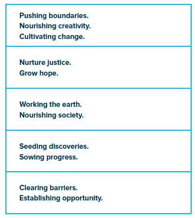 EXAMPLE 1: Pushing boundaries. Nourishing creativity. Cultivating change. EXAMPLE 2: Nurture justice. Grow hope. EXAMPLE 3: Working the earth. Nourishing society. EXAMPLE 4: Seeding discoveries. Sowing progress.