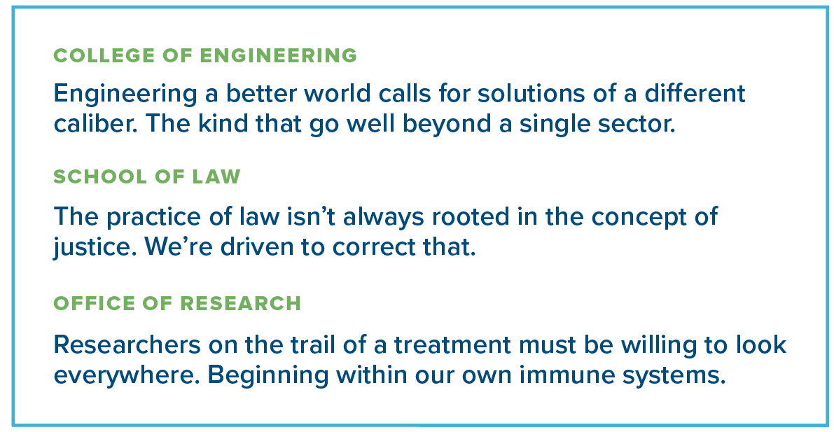 EXAMPLE 1: COLLEGE OF ENGINEERING... Engineering a better world calls for solutions of a different caliber. The kind that go well beyond a single sector. EXAMPLE 2: SCHOOL OF LAW… The practice of law isn’t always rooted in the concept of justice. We’re driven to correct that. EXAMPLE 3: OFFICE OF RESEARCH... Researchers on the trail of a treatment must be willing to look everywhere. Beginning within our own immune systems.