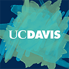 UC Davis text on blue watercolor splash