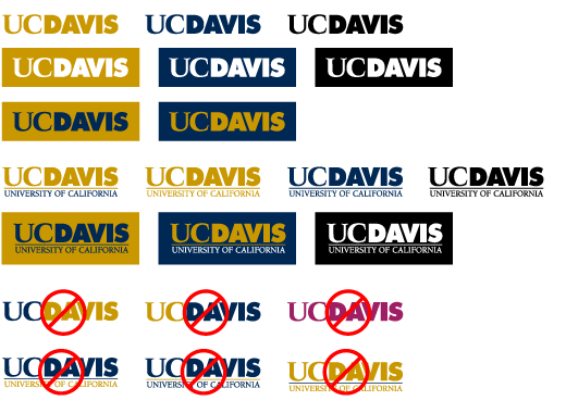 UC Davis Wordmark color combinations do's and don'ts