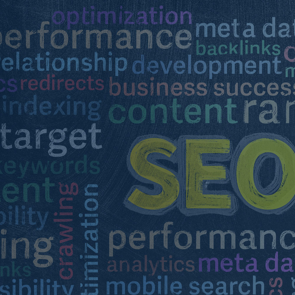 A bunch of search related words surrounding the letters SEO 