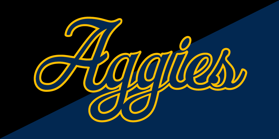 Aggies script mark in blue with gold outline on dark background
