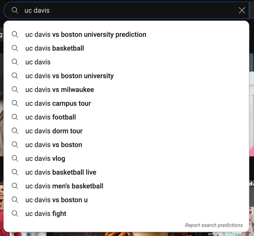A search in Youtube showing auto suggestion example