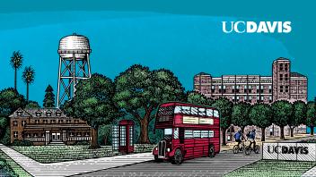 illustration featuring water tower, bus and memorial union
