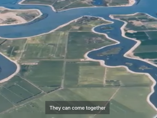 Aerial view of a vast river delta with intricate waterways weaving through lush green agricultural fields. The deep blue river contrasts with the patchwork landscape. The text "They can come together" is superimposed on the image.